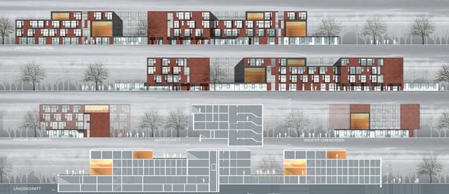 Betreutes Wohnen: Entwurf – Bezirks - Alten- u. Pflegeheim mit Tageszentrum. Wohnblocks für betreutes Wohnen